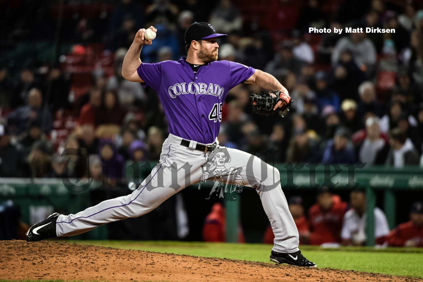 Scott Oberg pitched in the eighth inning of the Rockies-Red Sox game